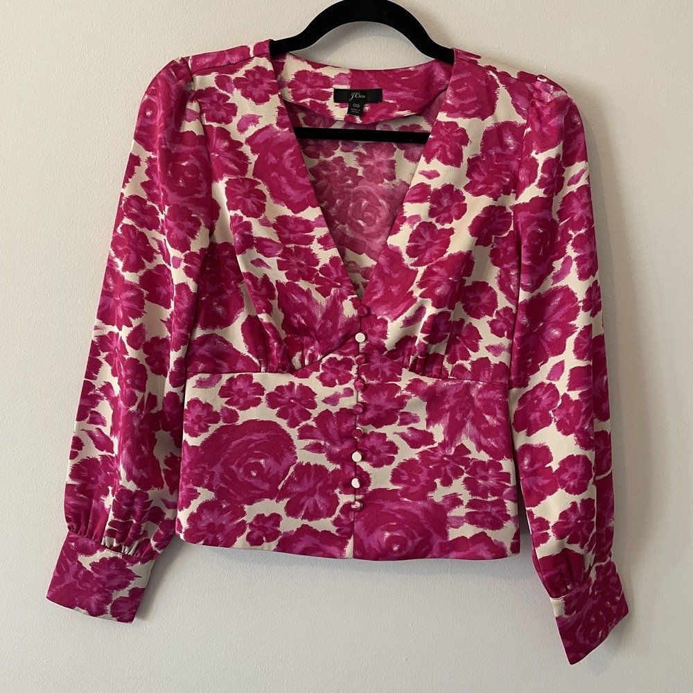 J‎ Crew Satin Babydoll Pink Floral Long Sleeve Blouse XXS Valentines Classy Sexy